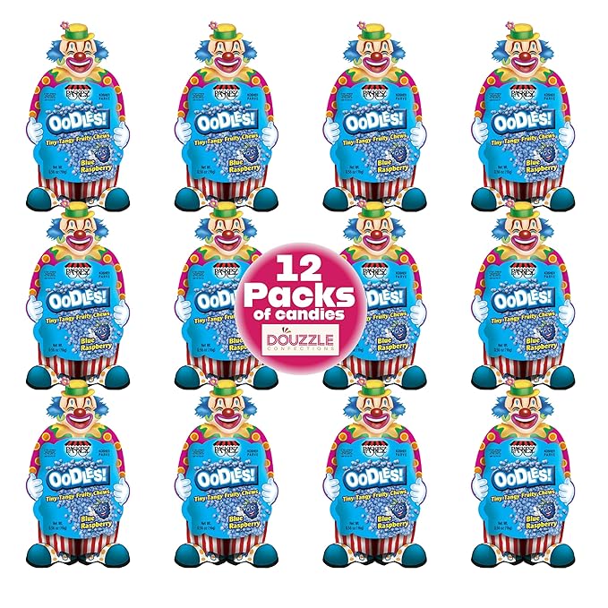 DOUzzle Back To School Oodles Clown Shaped, Blue Raspberry Tiny Tangy Chews (12 Count, 1 Pack) Individually Wrapped, Party Favor, Goodie Bag & Pinata Filler - Kosher Parve