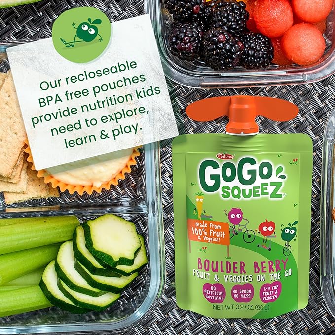 GoGo squeeZ Fruit & veggieZ Applesauce and Puree Variety Pack, Pedal Peach and Boulder Berry, 3.2 oz (Pack of 20), Unsweetened Snacks for Kids, BPA Free Pouches