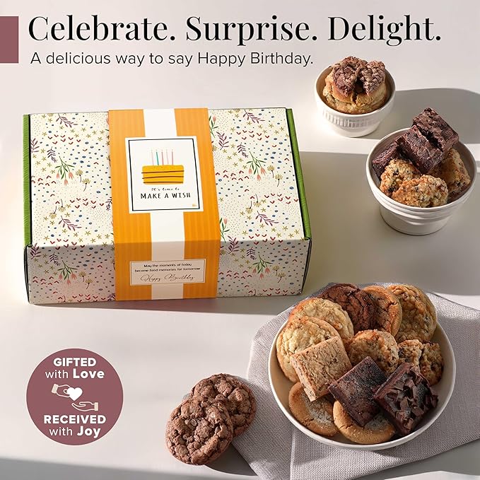 Broadway Basketeers Happy Birthday Gift Baskets for Prime Delivery Gourmet Cookie Gifts Box with Brownies, Individually Wrapped Edible Care Package for Men, Women, Husband, Wife, Mom, Dad, Families