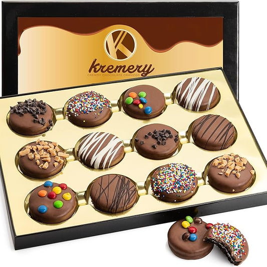 KREMERY Creamy Chocolate Cravings - Chocolate Covered Sandwich Cookies & Cream Gift Basket, in Sectional Gift Box (12 Cookies, Assorted Sweet Toppings) Food Assortments USA Made