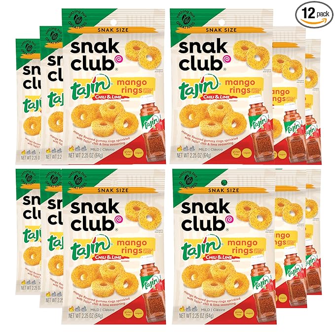 Snak Club Tajin Mango Rings Gummy Candy, Fruit Candy Gummies with Chili and Lime Seasoning, Mild, Gluten-Free and Vegan Snacks, 2.25 oz Snack Bags, 12 Pack