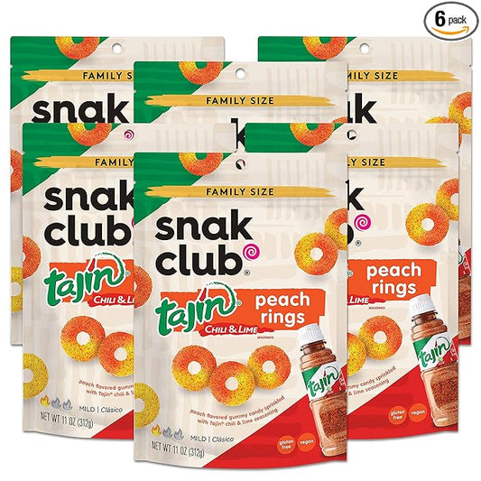 Snak Club Tajin Peach Rings, Sweet and Spicy Gummy Snacks, 11 Ounce (Pack of 6)