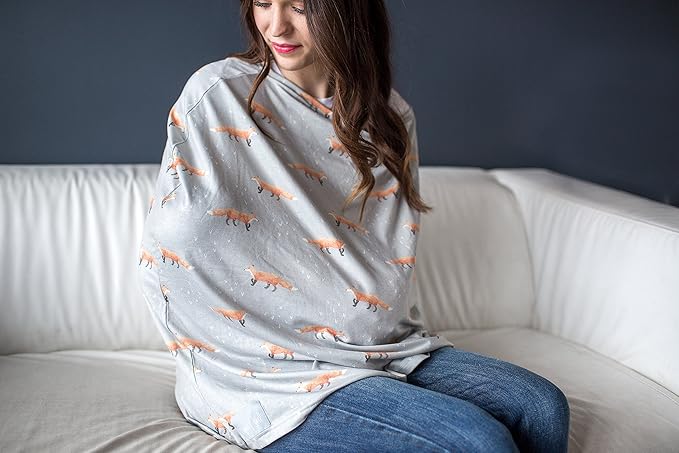 Baby Car Seat Cover Canopy and Nursing Cover Multi-Use Stretchy 5 in 1 Gift Grey with Foxes Copper by Copper Pearl