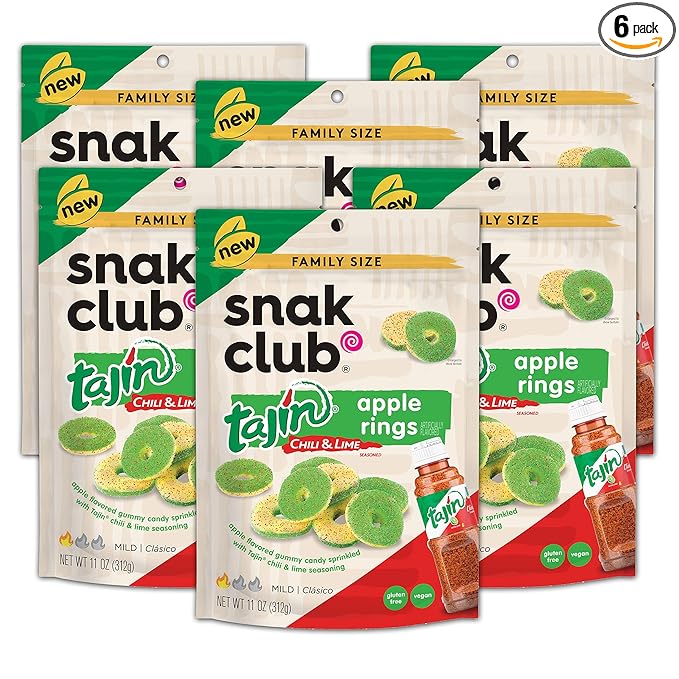 Snak Club Tajin Apple Rings, Sweet & Tasty Gummy Snacks, 11oz Family Size, Resealable Bag, 6 Count