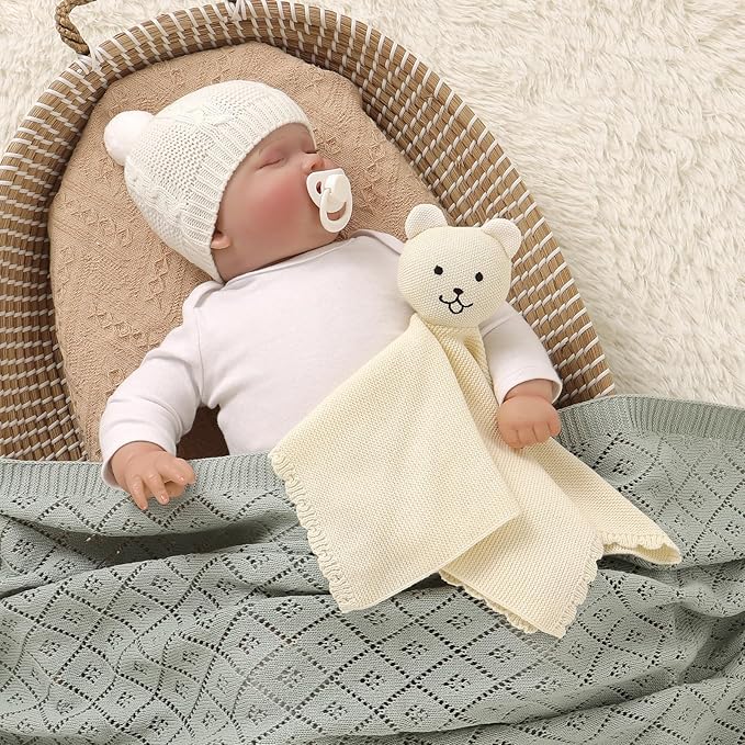 LAWKUL Baby Blanket Bear Lovey Soft Cuddly Security Blanket for Newborns Infants Boy Girl Knit Snuggle Comfort White 16x16in