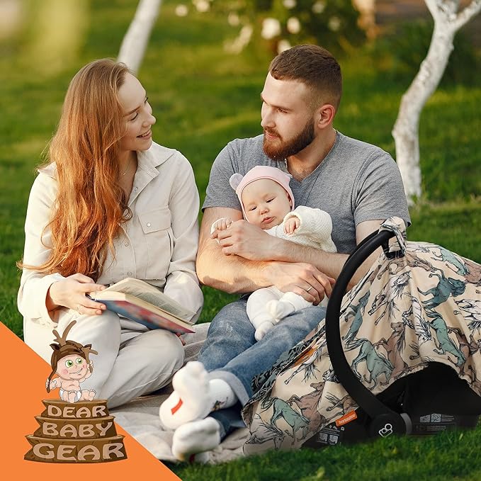 Dear Baby Gear Car Seat Cover for Boys & Girls - Baby Carseat Canopy w/Snap Opening - Infant Seat Cover - Stroller & Nursing Covers - Newborn Carrier Canopy -40x30"(Tan Teal Cream Horses, Aztec Teal)