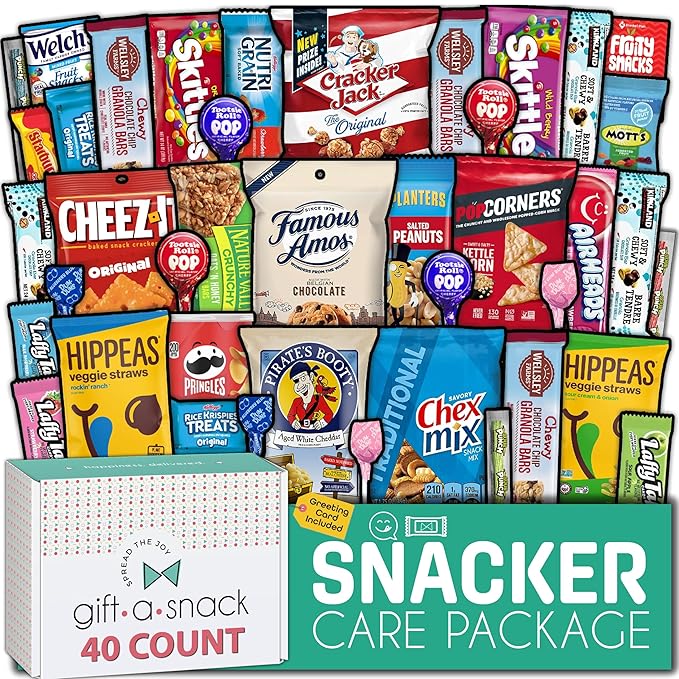 Gift A Snack - Back to School/Off to College Snack Box Variety Pack Care Package + Greeting Card (40 Count) Birthday Sweet Treats Gift Basket, Candies Chips Crackers Bars, Office Food Assortments