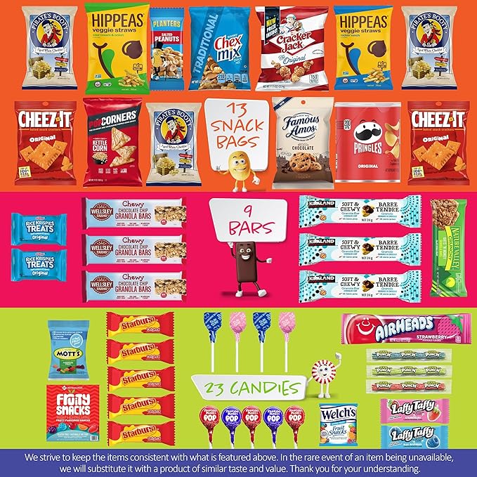 I AM Snacky - Back to School/Off to College Snack Box Variety Pack Care Package + Greeting Card - SNACKY'S FESTIVE FAVES (45 Count) Birthday Sweet Treats Gift Basket, Candies Chips, Office Food Assortments