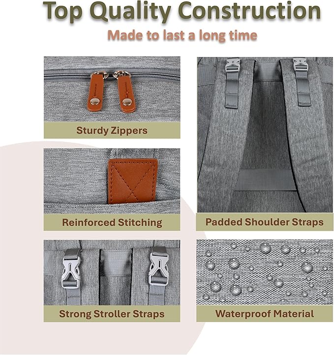 Baby Diaper Bag Backpack - Large Bag for Boys & Girls, with Changing Pad & Pacifier Case, Large Capacity with Insulated Pockets, Waterproof, with Stroller Straps, Unisex - Grey