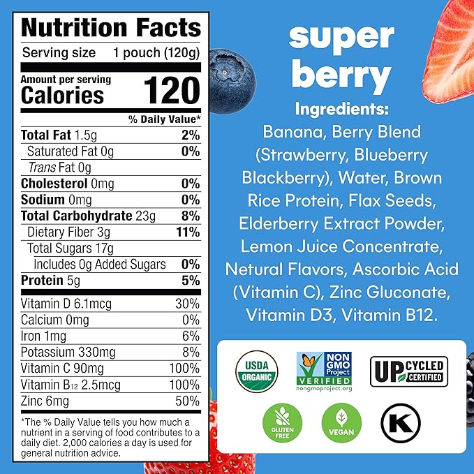 Noka Organic Superfood Fruit Smoothie Pouches, Super Berry with Immune Support, Healthy Snacks with Elderberry, Vitamin C, Flax Seed and Plant Protein, Gluten Free, Vegan, 4.22 oz (12 Pack)