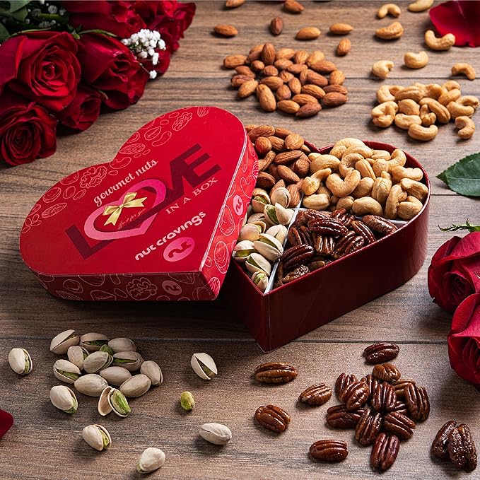 NUT CRAVINGS - Mixed Nuts Heart Shaped Gift Basket, Love in A Box (4 Assortments) Romantic Food Arrangement, Healthy Snack Care Package, Food Assortments