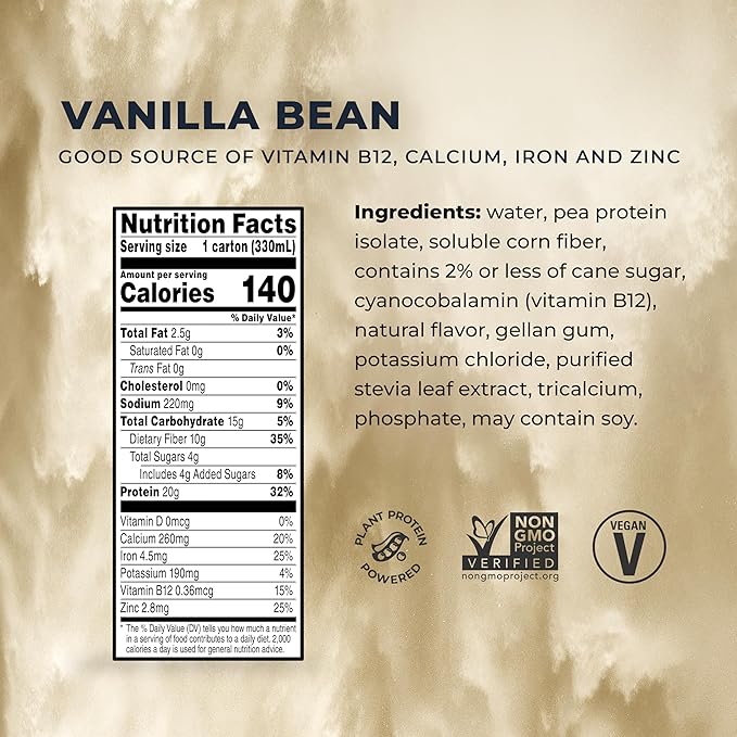 Evolve Plant Based Protein Shake, Vanilla Bean, 20g Vegan Protein, Dairy Free, No Artificial Sweeteners, Non-GMO, 10g Fiber, 11 Fl Oz (Pack of 12) (Formula May Vary)