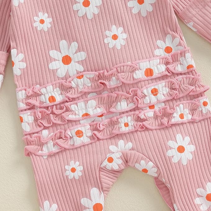 Newborn Girl Clothes Baby Girl Coming Home Outfit Zipper One-piece Outfits Ruffle Footie Bodysuit Jumpsuit Headband