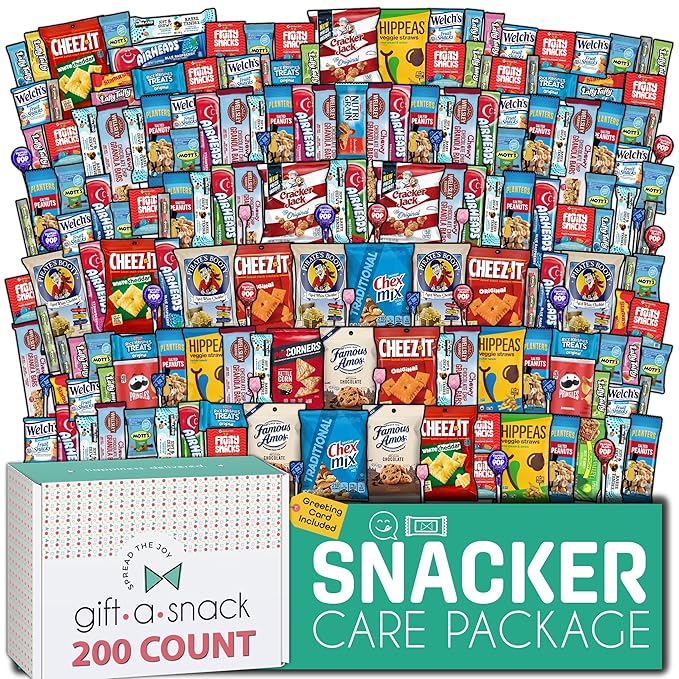 Gift A Snack - Back to School/Off to College Snack Box Care Package Variety Pack + Greeting Card (200 Count) Birthday Sweet Treats Gift Basket, Candies Chips Crackers Bars, Office Food Assortments