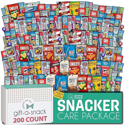 Gift A Snack - Back to School/Off to College Snack Box Care Package Variety Pack + Greeting Card (200 Count) Birthday Sweet Treats Gift Basket, Candies Chips Crackers Bars, Office Food Assortments