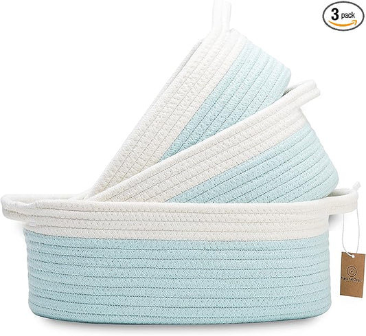 NaturalCozy 3-Piece Oval Storage Basket Set– Soft Natural Rope Woven Baskets for Storage Shelf, Toy, Nursery, Gift, Baby Shower, Pets Cat Dog Bins | Small Basket for Organizing (Off White Turquoise)
