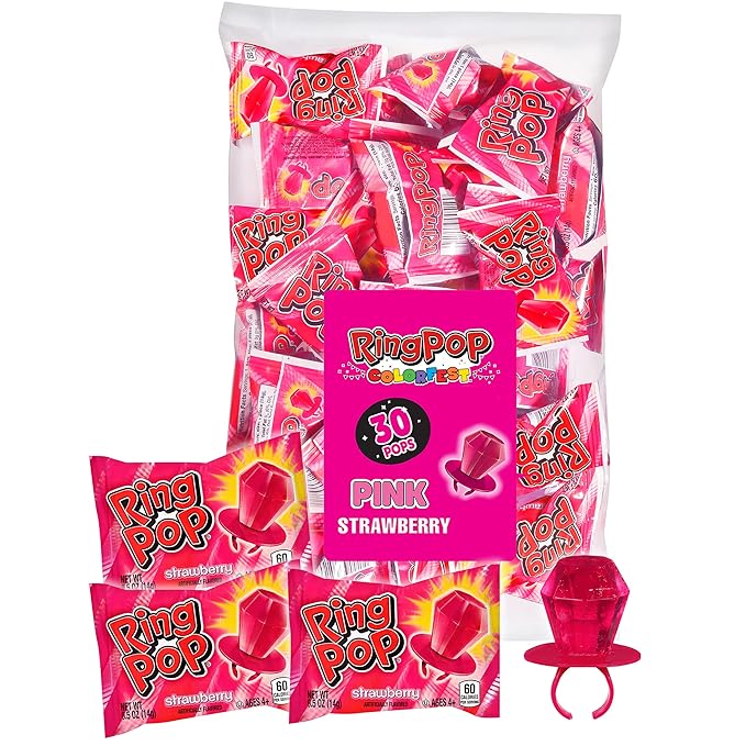 Ring Pop Individually Wrapped Pink Candy, Strawberry 30 Count Lollipop Bulk Pack – Lollipop Suckers for Kids, Fun Candy Bulk for Gender Reveal, Bachelorette Party Favors, Kids Party Favors