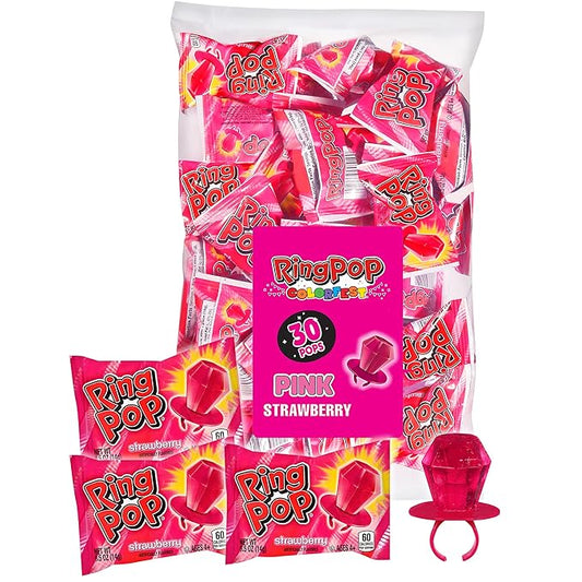 Ring Pop Individually Wrapped Pink Candy, Strawberry 30 Count Lollipop Bulk Pack – Lollipop Suckers for Kids, Fun Candy Bulk for Gender Reveal, Bachelorette Party Favors, Kids Party Favors