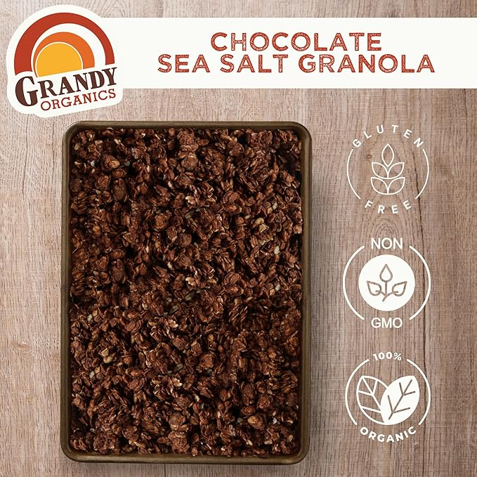Grandy Organics Dark Chocolate Sea Salt Granola, Certified Organic Granola, Gluten Free, Non-GMO, Certified Kosher, Plant Based Protein, 12oz Each, Pack of 3