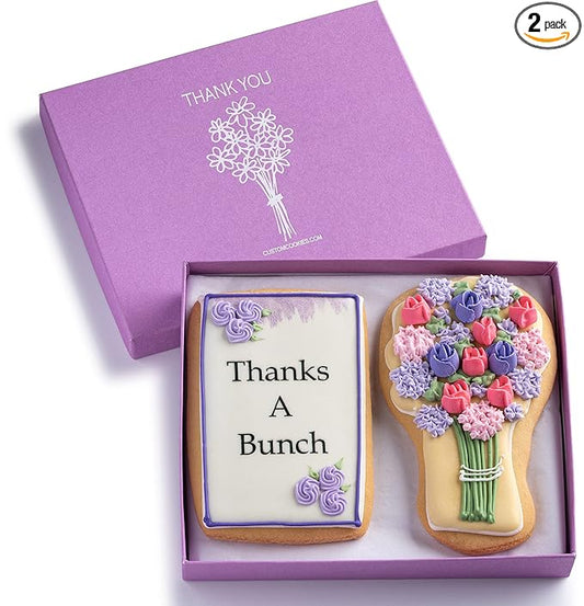 Gourmet Floral Thank you Cookie Gift Basket | 2 Large 2.5 x 4.5 in Vanilla Sugar Cookies Hand-Decorated Snack Variety Pack | Kosher Bakery Care Package For Women, Men Boys & Girls