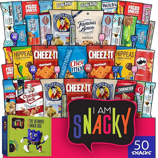 I AM Snacky - Back to School/Off to College Snack Box Variety Pack Care Package + Greeting Card - SNACKY'S BLISS BITES (50 Count) Birthday Sweet Treats Gift Basket, Candies Chips, Office Food Assortments