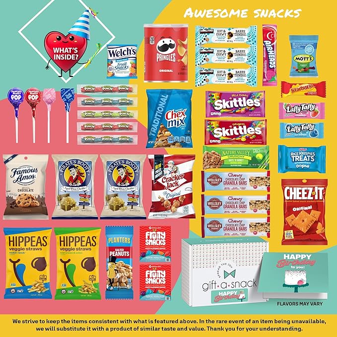 Gift A Snack - Happy Birthday Snack Box Variety Pack Care Package + Greeting Card (45 Count) Bday Sweet Treats Gift Basket, Candies Chips Crackers Bars - Food Assortments Cravy Food Assortments & Variety Gifts