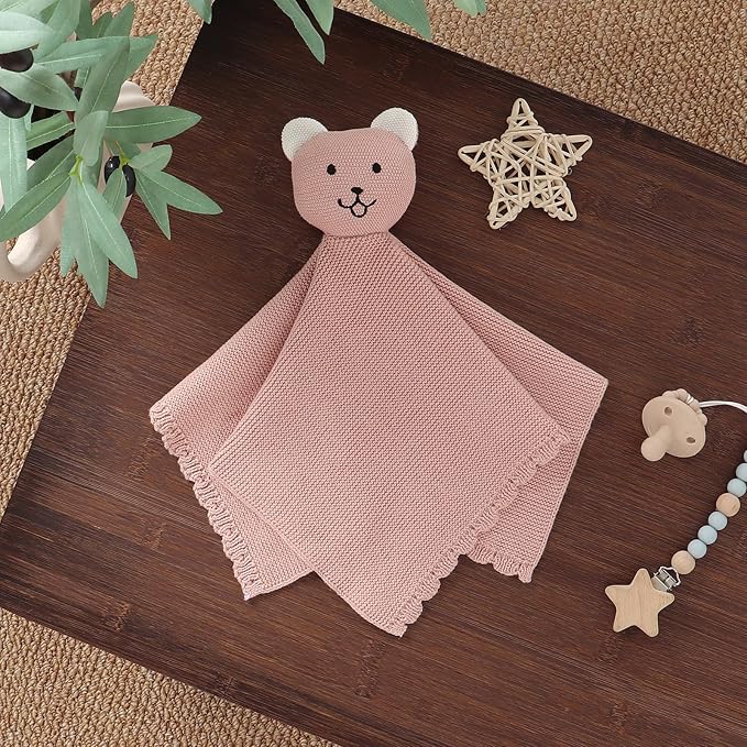 LAWKUL Baby Blanket Bear Lovey Soft Cuddly Security Blanket for Newborns Infants Boy Girl Knit Snuggle Comfort Pink 16x16in