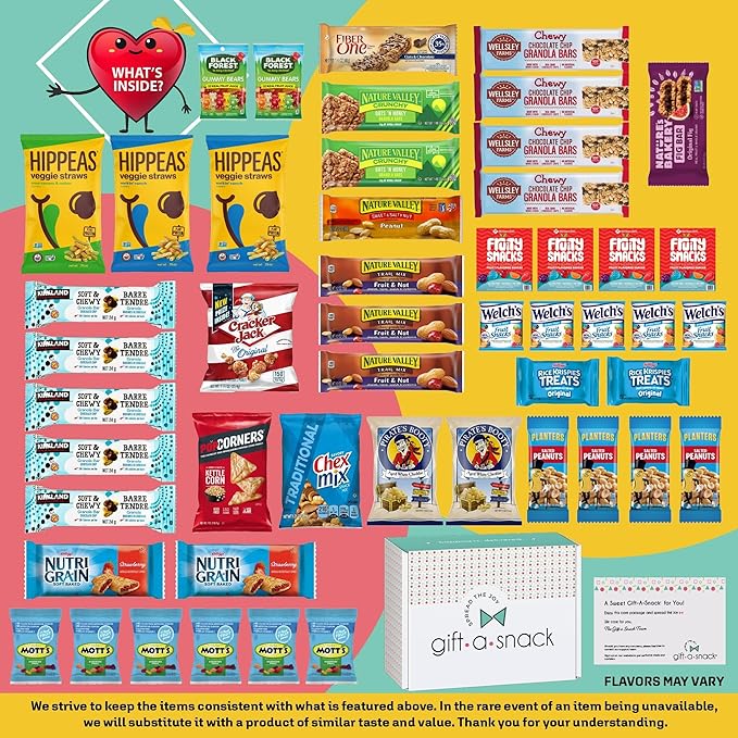 Gift A Snack - Back to School/Off to College Healthy Snack Box Care Package + Greeting Card (50 Count) Birthday Treats Gift Basket, Nutritious Granola Breakfast Bars, Office Food Assortments
