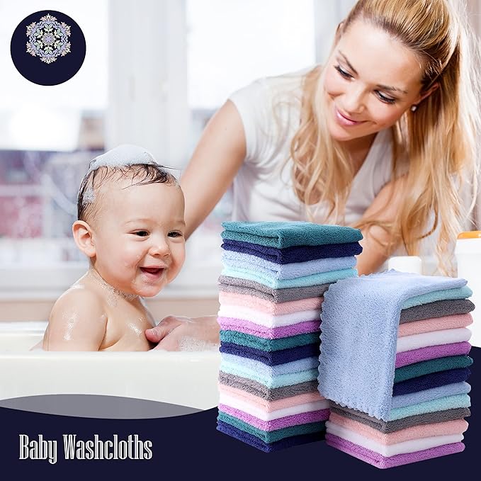 32 Pack Baby Washcloths - 10x10 Inch, Microfiber baby towel - Absorbent and Soft baby Wash Clothes for Newborns, Infants and Toddlers - Quick Dry baby boys and girls face towel - Multicolor