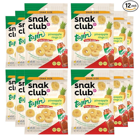 Snak Club Pineapple Rings, Tajin Chili & Lime Seasoned, Sweet and Spicy Gummy Candy, Mild in Heat Bold in Flavor, Low-Fat, Vegan, Gluten-Free Snack, Snack Size, 2.25 Ounce, 12 Count