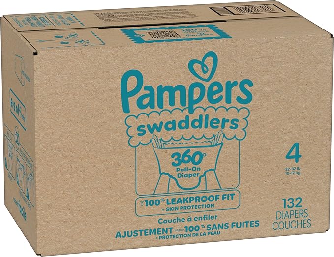 Pampers Diapers - Swaddlers 360° - Size 4, 132 Count, up to 100% Leakproof Comfy Dry Fit, Designed for Easy Changes, Pull On Baby Diaper (Packaging May Vary)