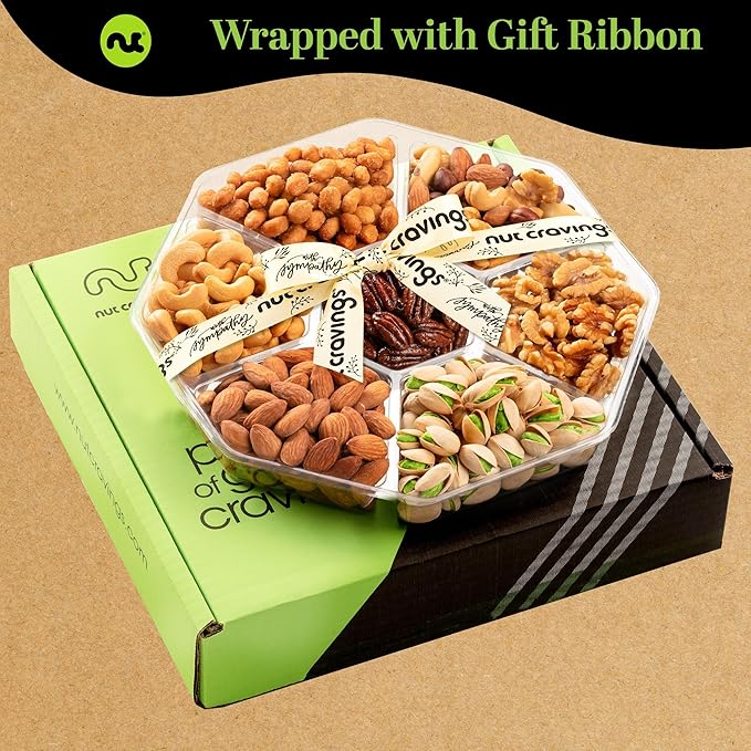 NUT CRAVINGS Gourmet Collection - Sympathy Condolence, Nuts Gift Basket with Sympathy Ribbon + Greeting Card (7 Assortments) Food Platter, Healthy Snack Care Package, Food Assortments
