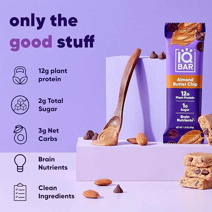 IQBAR Brain and Body Plant Protein Bars - Almond Butter Chip - 24-Count Low Carb - Gluten Free, High Fiber, Vegan Snacks - Low Sugar Meal Replacement