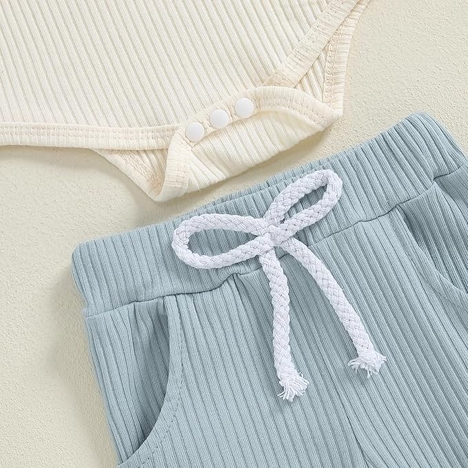 fhutpw Baby Boy Clothes 3 6 12 18 Months Ribbed Knitted Long Sleeve Romper and Pants Sets Newborn Fall Splicing Color Outfits