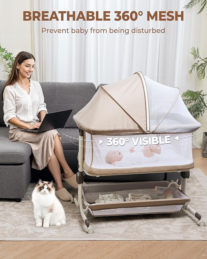 Baby Bassinet Bedside Sleeper, Upgraded Stability Bedside Crib with Full Mesh Sides, Soft Sheet, 6-Height Adjustment, Storage Basket, Easy Folding Portable Bassinet for Newborns,Camel