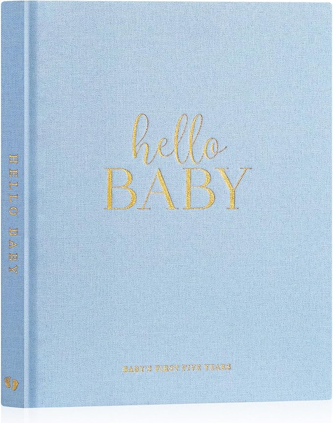 Lanpn Hello Baby First 5 Year Memory Book for Boy Girl - Linen Hardcover Keepsake for New Parents - Newborn Journal Scrapbook Photo Album Milestone Book (Blue, 154 Pages)