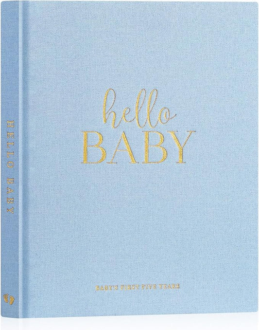 Lanpn Hello Baby First 5 Year Memory Book for Boy Girl - Linen Hardcover Keepsake for New Parents - Newborn Journal Scrapbook Photo Album Milestone Book (Blue, 154 Pages)