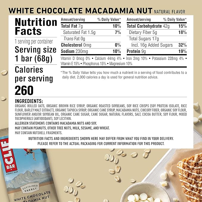 CLIF BAR - White Chocolate Macadamia Nut Flavor - Made with Organic Oats - Energy Bars - Non-GMO - Plant Based Protein Bars (15 Pack)