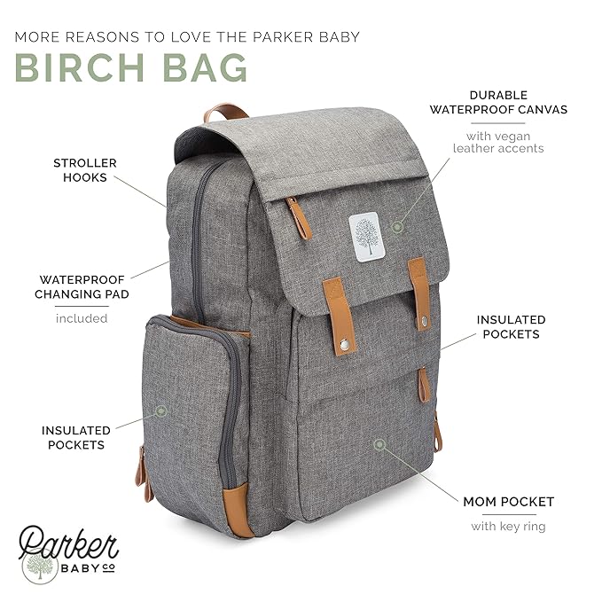Parker Baby Co. Diaper Backpack - Large Diaper Bag with Insulated Pockets, Stroller Straps and Changing Pad -Birch Bag - Gray