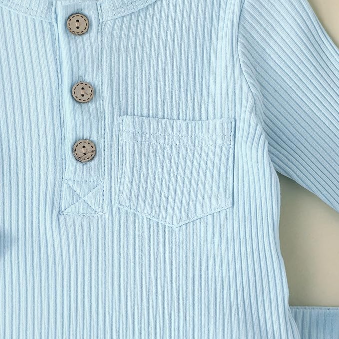 Newborn Baby Boy Girl Clothes Ribbed Knit Cotton Long Sleeve Romper Long Pant Preemie Solid Color Unisex Outfits