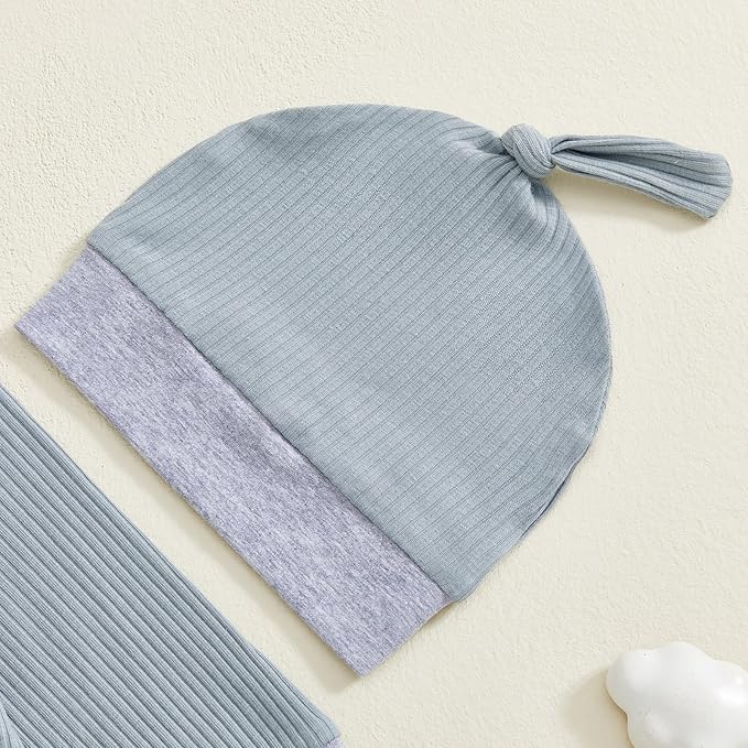 fhutpw Newborn Baby Boy Clothes Ribbed Knit Bodysuit 3 6 Months Infant Fall Long Sleeve Splicing Color Romper Jumpsuit & Hat