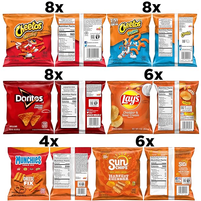 Frito Lay, Cheesy Mix 6 Flavor Variety Pack, Single Serve Bags (40 Pack), Doritos, Cheetos, Lay's, Munchies, SunChips
