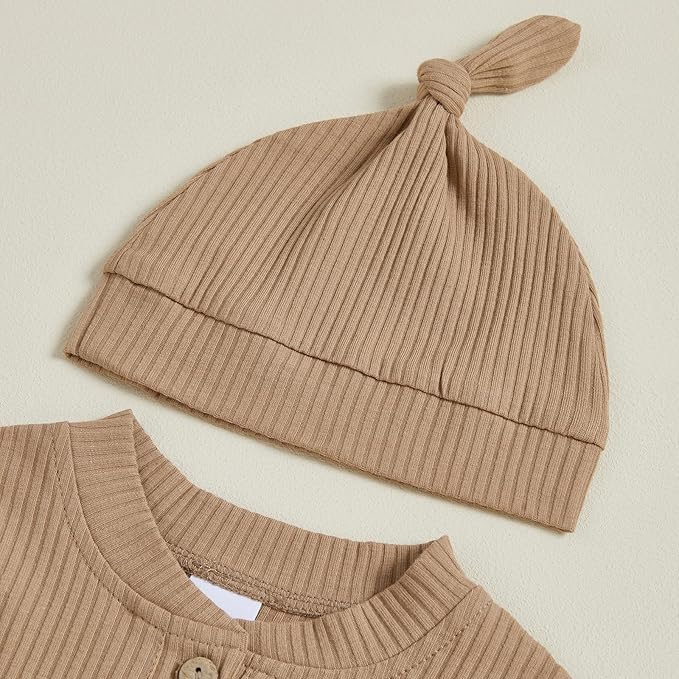 Newborn Baby Boy Clothes Long Sleeve Ribbed Bodysuit Pants Hat 3-Piece Outfit Set