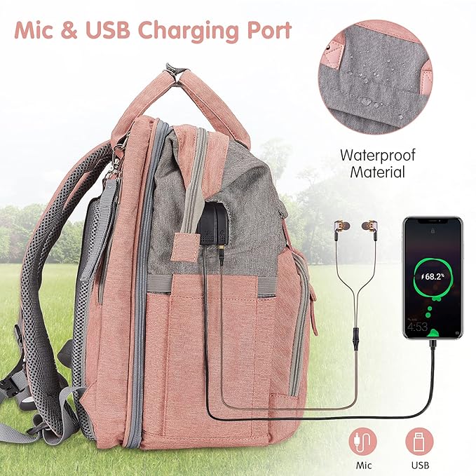 DERJUNSTAR Baby Diaper Bag Backpack with ChangingStation-Large Capacity Baby Bag for Boys & Girls, USBCharging Port, Pacifier Case, sunshade & Toy Bar,Waterproof, Baby Pink