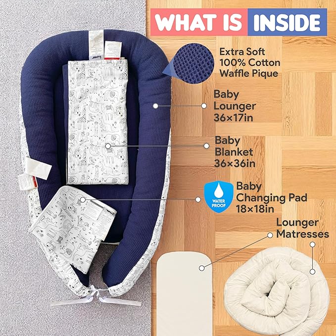 %100 Cotton Baby Lounger - 3 in 1 Baby Nest, Waffle Blanket, Waterproof Changing Mat, Deluxe Infant Lounger, Dock a tot, Portable Set, Newborn Essentials, Breathable Soft Cover, Travel Bed,Shower Gift