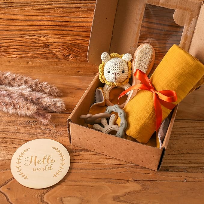 Baby Boy Gift Set New Born Shower Gifts, Baby Essentials Basket Stuffers Baby Bath Set with Muslin Baby Blanket, Teething Toys, Drool Towel, Wood Brush & Rattle, Newborn Welcome Baby Gift Box Set