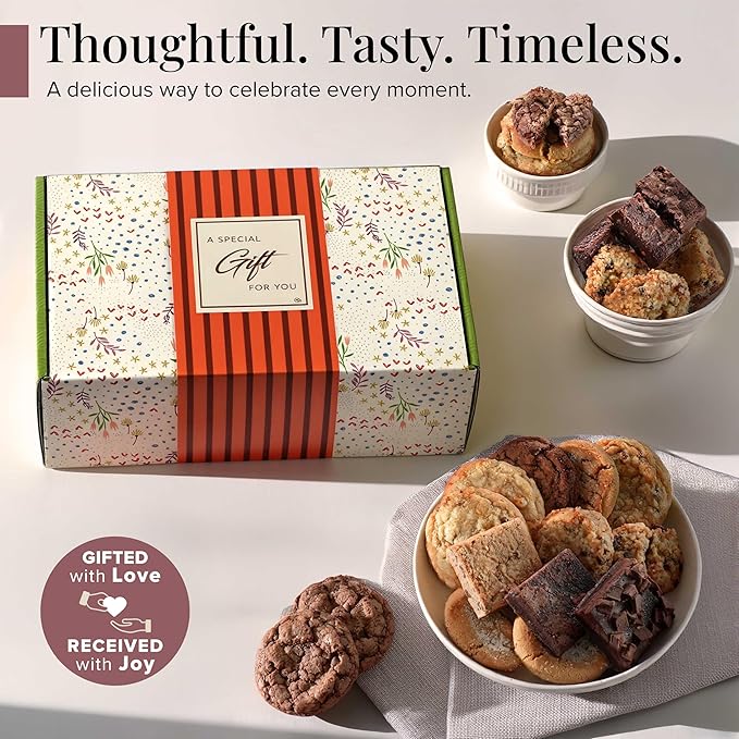Broadway Basketeers Cookies Gift Baskets for Delivery Fresh Baked Gourmet Cookies and Brownies, Individually Wrapped Edible Care Package for Mom, Grandpa, Families, Holiday Gifts, Christmas, Coworkers