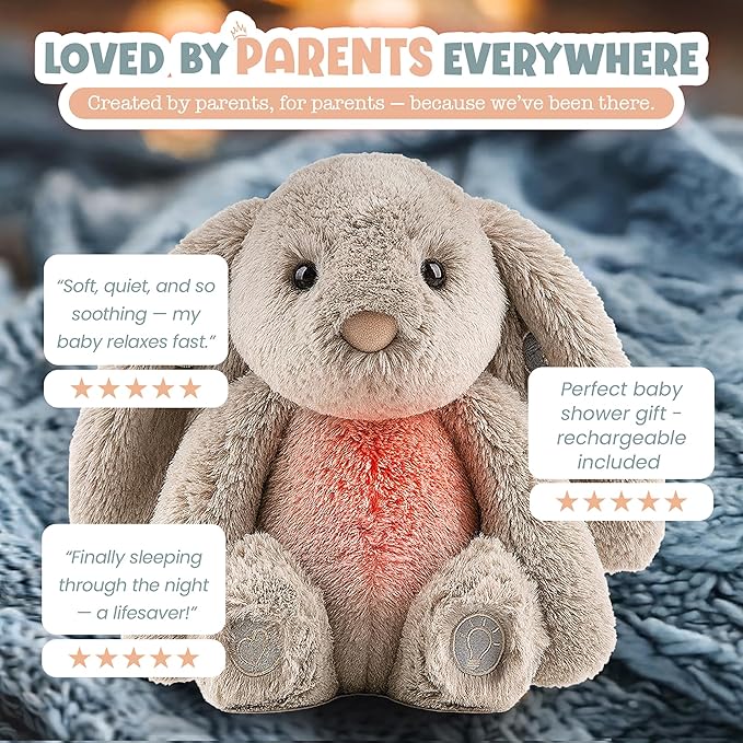 Gemma Joy Baby Sleep Soother Bunny for Baby – Cry Activated Heartbeat Stuffed Animal – Rechargeable Crib Soother with White Noise, Shush, Lullabies & Night Light – Newborn Essentials Must Haves