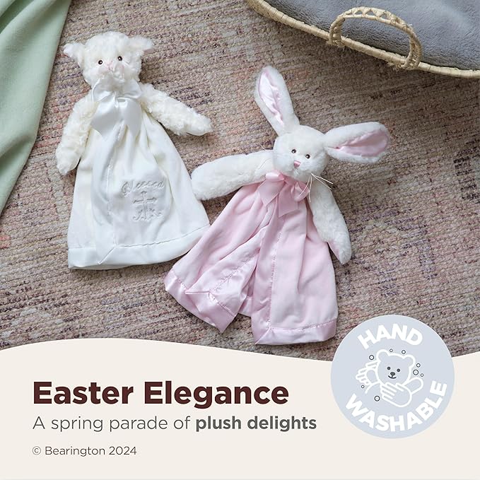 Bearington Collection Lamb Plush Security Blanket Lovey Christening Stuffed Animal - 15 in White Satin Trim - Baptism Lamb Security Blanket