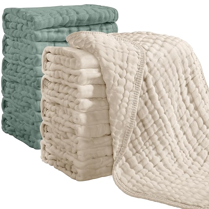 Looxii Muslin Burp Cloths 100% Cotton Muslin Cloths 12 Pack Large 20''x10'' Extra Soft and Absorbent Baby Burping Cloth for Boys and Girls (Apricot+DarkGreen)